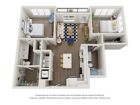 Floor plan for 2 beds, 2 baths, 1059 sqft